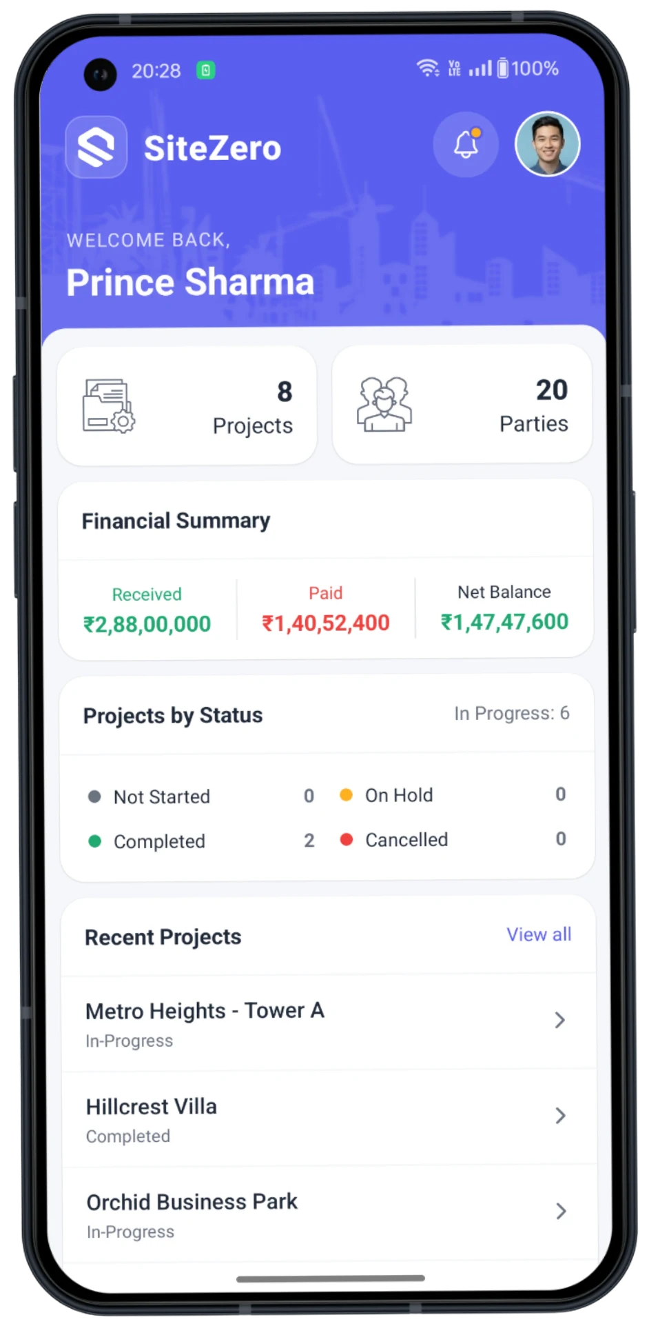 SiteZero dashboard with project count, parties and financial summary