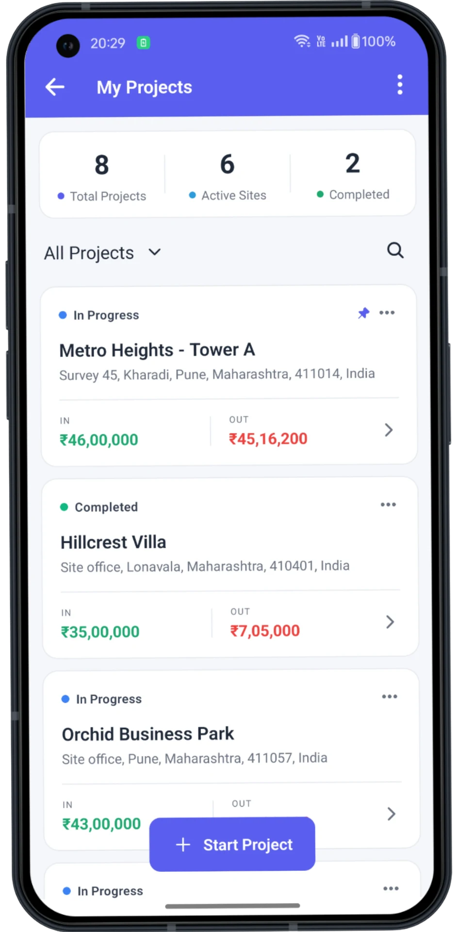 SiteZero My Projects list showing active and completed construction sites