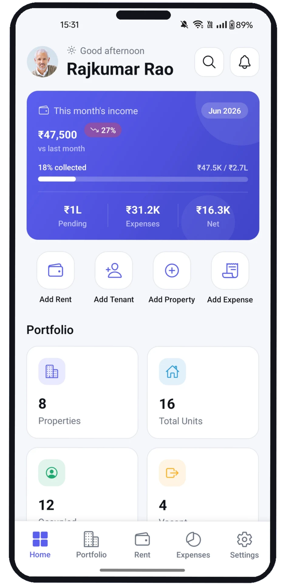 TruRent dashboard showing rent income, expenses and profit