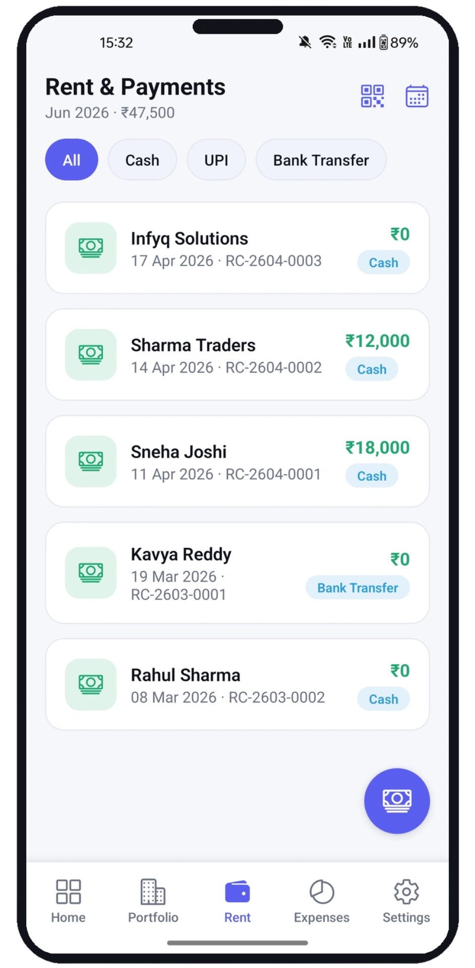 TruRent rent collection screen with paid and pending status