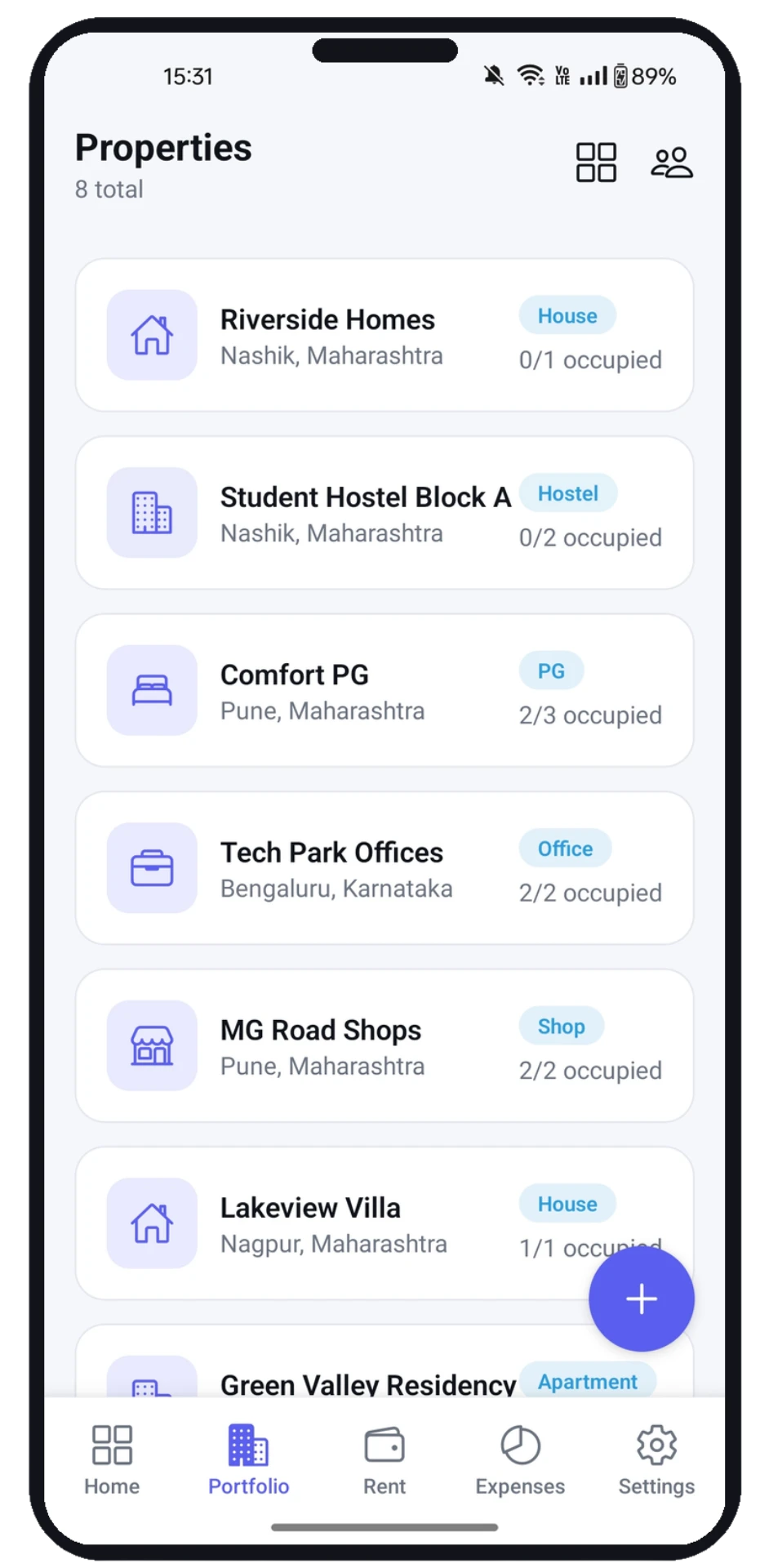 UniRent properties and units list with occupancy